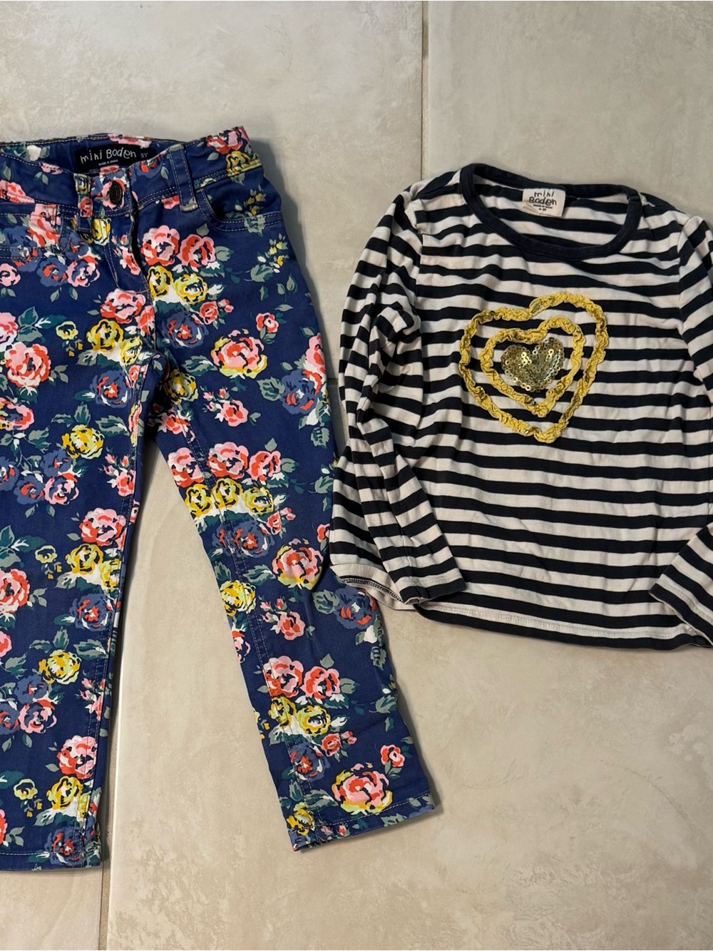 Mini Boden Girls 4 - 5 Y Bundle - Purple Floral Pants with Striped Top
